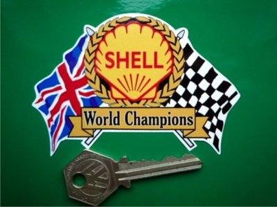 Shell World Champions Flag & Scroll Sticker. 3.75".