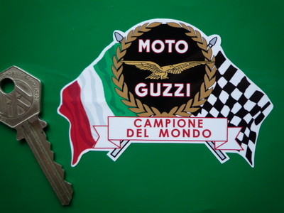 Moto Guzzi Campione Del Mondo Flag & Scroll Style Sticker. 3.75".
