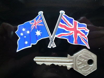 Crossed Australian & Union Jack Flag Sticker. 3".