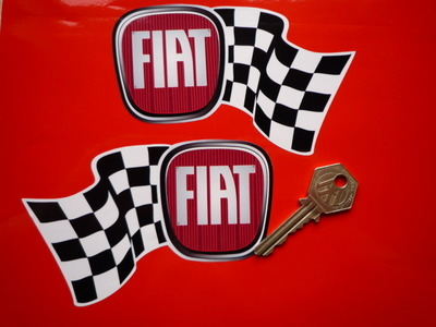 Fiat Handed Wavy Chequered Flag Stickers. 5" Pair.
