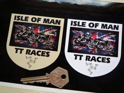 Isle Of Man TT Races Distressed Union Jack Shield Stickers. 3".