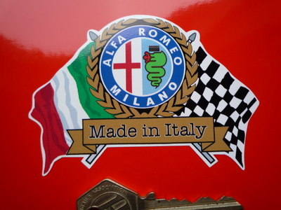 Alfa Romeo Milano Flag & Scroll Sticker. 3.75".
