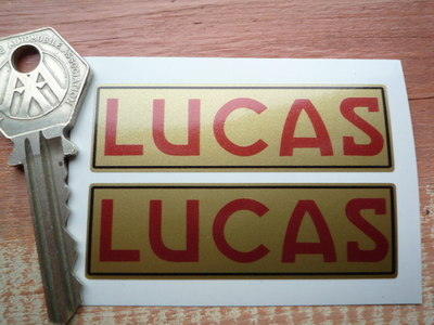 Lucas Motorcycle Repro Battery Sticker. Gold & Red Pair. No.14.