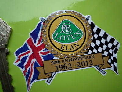 Lotus Elan 50th Anniversary Flag & Scroll Sticker. 3.75".