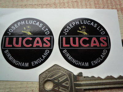 Joseph Lucas Ltd Birmingham England Round Stickers. 40mm or 50mm Pair.