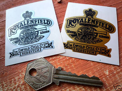 Royal Enfield Gun & Crest Stickers. 2" Pair.