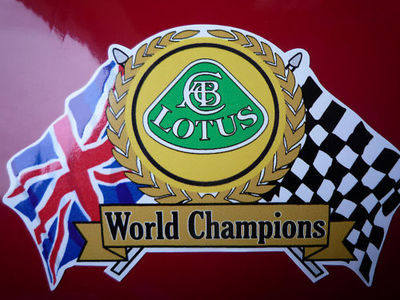 Lotus World Champions Flag & Scroll Sticker. 3.75".