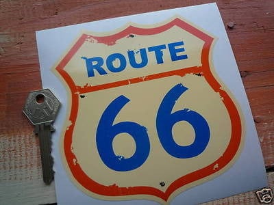 Route 66 Blue, Cream & Orange Distressed Shield Sticker - 5"