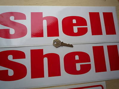 Shell Red & White Rounded Text Narrow Stickers. 16" Pair.