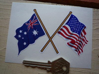 Crossed Australian & USA Stars & Stripes Flag Sticker. 4".