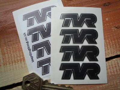 TVR Shaped Striped Text Stickers. Set of 4. 50mm.