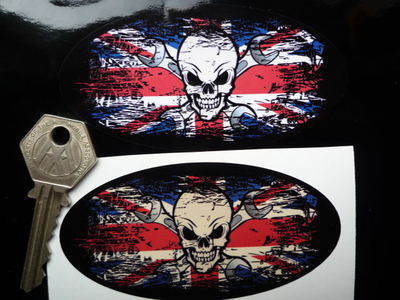 Skull & Cross Spanner Union Jack Fade To Black Oval Sticker. 3", 4", 6" or 8".