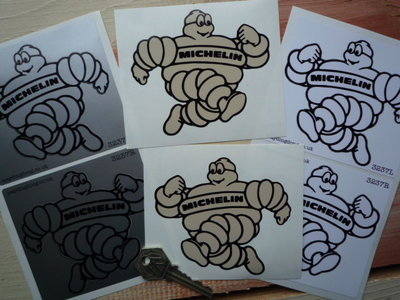 Michelin Bibendum Cartoon Running Handed Shaped Stickers. 4" Pair.