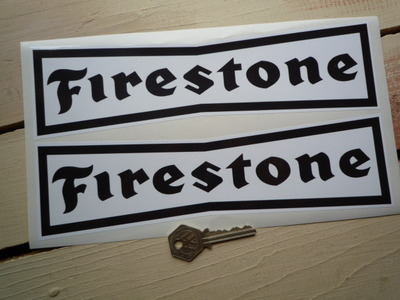 Firestone 'Dicky Bow' Black on White Stickers. 10" or 12" Pair.