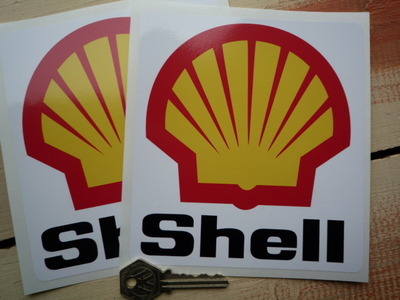 Shell F1 Angular Black Text & Logo Stickers. 2.25", 4" or 5.5" Pair.