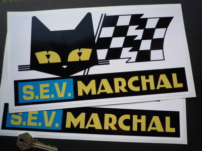 SEV Marchal Cat/Flag White Background Oblong Stickers. 11" Pair.