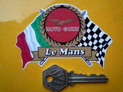 Moto Guzzi Le Mans Flag & Scroll Style Sticker. 4".