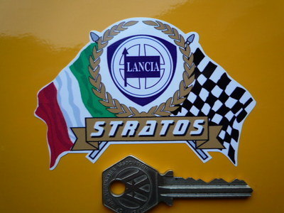 Lancia Stratos Flag & Scroll Style Sticker. 4".