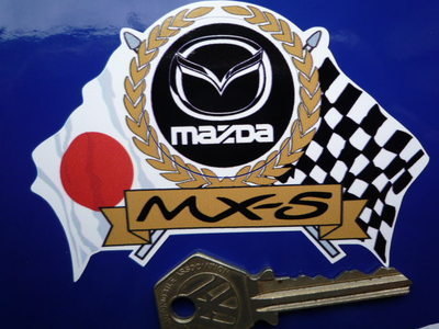 Mazda MX-5 Flag & Scroll Sticker. 4".