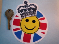 Royal Celebration Smiley Face with Union Jack & Crown Sticker. 3.5