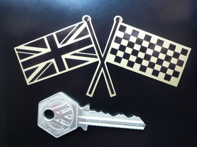 Union Jack & Chequered Crossed Straight Flags Sticker. 4".