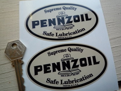 Pennzoil Oil Safe Lubrication Black & Beige Stickers. 4" or 6" Pair.
