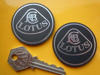 Lotus Round Badge Style Black Self Adhesive Car Badges. 24mm, 35mm or 50mm Pair.