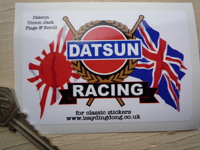 Datsun Racing Flag & Scroll UK & Japan Sticker. 4".