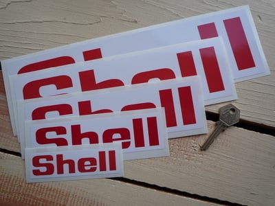 Shell Red & White Angular Text Stickers Pair. Various Sizes.