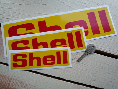 Shell Red & Yellow Angular Text Stickers Pair. Various Sizes.