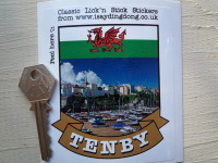 Tenby Wales Scroll Style Travel Sticker. 3.5".