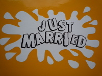 Just Married Splat Style Wedding Honeymoon Case Sticker. 6".