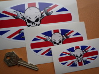 Skull & Cross Spanner Union Jack Oval Sticker. 3", 4", 6" or 8".