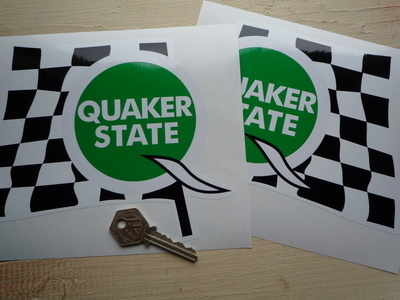 Quaker State Green 'Q' Chequered Flag Stickers. 7" Pair.