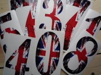 Union Jack Worn Effect Racing Numbers Stickers. 4", 6" or 9" Tall.
