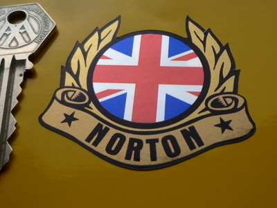 Norton Union Jack, Garland & Scroll Chrome Style Sticker. 2.25".