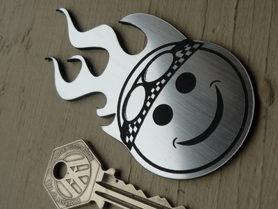 Smiley Face Driver Flaming Style  Laser Cut Self Adhesive Badge. 4".