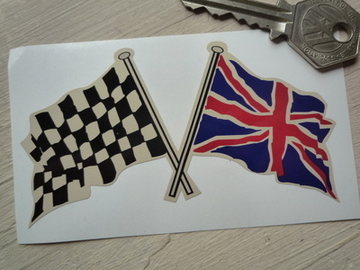 Crossed Chequered & Union Jack Wavy Flags on Beige Sticker. 4