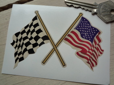 Crossed USA Stars & Stripes & Chequered Flag on Beige Sticker. 4".