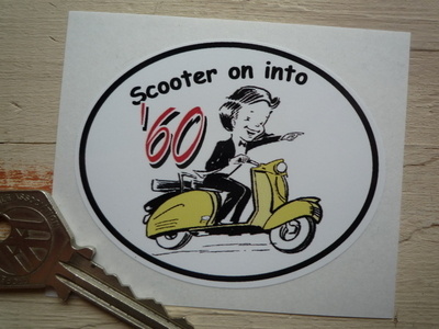'Scooter on into 1960' Sticker. 3"