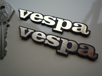 Vespa Laser Cut Self Adhesive Scooter Badges in Gold. 3" Pair.