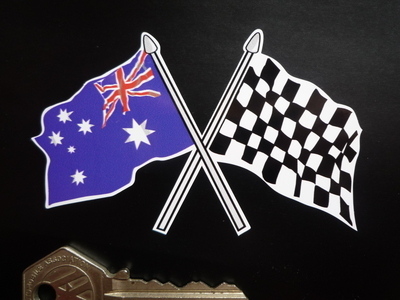 Crossed Australian & Chequered Flag Sticker. 4".