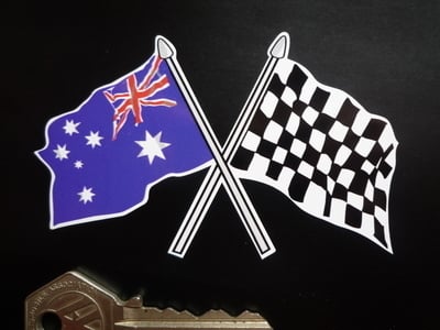 Crossed Australian & Chequered Flag Sticker. 4".