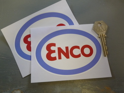 Enco Red, Blue & White Oval Stickers. 4.5" Pair.