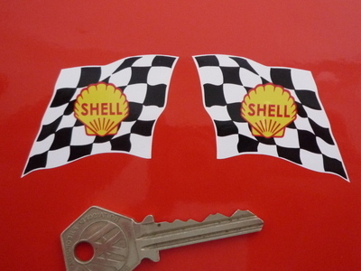 Shell Traditional Wavy Chequered Flag Stickers. 2", 4" or 6" Pair.
