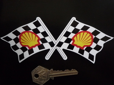 Shell Modern Crossed Chequered Flag Sticker. 6".