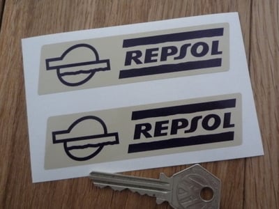 Repsol Black & Beige Slanted Oblong Stickers. 4" Pair.