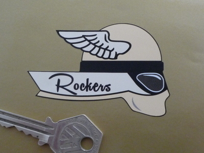 Rockers Winged Helmet Rider White Style Stickers. 3" Handed Pair.