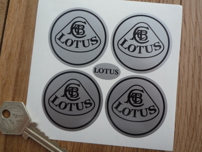 Lotus Wheel Centre Style Black on Silver Stickers. Set of 4. 45mm.