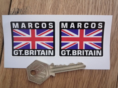 Marcos Great Britain Union Jack Style Stickers. 2" Pair.